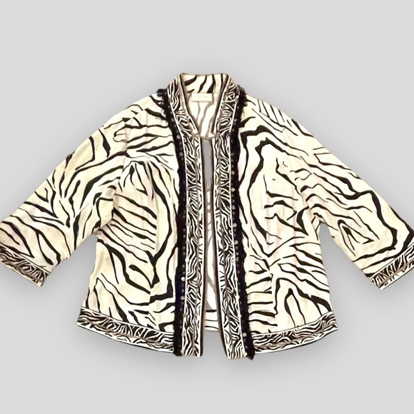 Chico’s Size 3 Linen Zebra Print Open Front With Fringe Jacket - Picture 3 of 4
